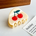 Small beige acetate hair claw clip with cute red cherry pattern and green leaves - Cherry-5.1cm