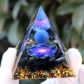 Healing crystal energy pyramid with blue sphere, flower of life pattern and black gravel - Lapis Lazuli Hexagram / Small