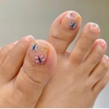 Elegant nude press-on toenails featuring hand-painted butterflies and gold foil accents - 1636-Butterfly Series