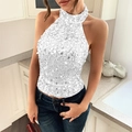 Elegantes weißes Pailletten-Neckholder-Top für Damen im ärmellosen, rückenfreien Design - Weiß