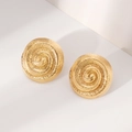 Golden spiral textured stud earrings in stainless steel on a clean white background - Gold Spiral Round Stud Earrings (0772)