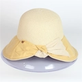 Women's summer sun hat with beige straw crown, yellow brim, and large decorative bow - Adjustable / Yellow