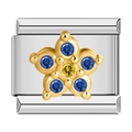 Italian modular charm in silver steel with blue and yellow jeweled gold flower - Flower Drill Surface Blue Gem (0753) / Silver Base Blue Flower
