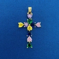 Golden cross pendant with colorful heart-shaped gemstones on a blue fabric background - Multicolor Heart Gem Gold Cross (782)