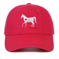 Close-up of a red baseball cap featuring detailed white horse and heart embroidery - Adjustable / Rose Red