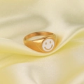 Minimalist gold signet ring featuring a white enamel smiley face charm for women - US 6 / Gold 5 (White Enamel)