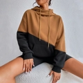 Oversized brown and black patchwork hoodie with drawstring hood and kangaroo pocket - S / Brown