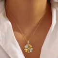 18K gold clover pendant necklace with heart-shaped polished and pavé zircon petals - Four-leaf Clover (XHN007GL)