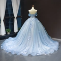 Light blue off-shoulder ball gown wedding dress with 3D floral lace and corset back - Sky Blue Cathedral Train