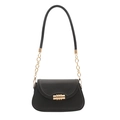 Fashionable black leather saddle bag with gold metal buckle and chain strap on white background - Black