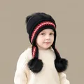 Black knit winter earflap hat for kids featuring red zigzag patterns and three pom-poms - Children's Three-ball Black (ages 2-8)