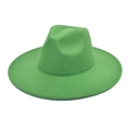 Detailed flat lay of a bright green wide brim wool felt fedora with heart-shaped crown - M (56-58cm) / Grass Green