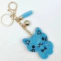 Blue rhinestone cat keychain with golden metal ring and matching decorative tassel - Lake Blue