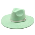 Detail of mint green suede fedora featuring a 9cm wide brim and white belted strap - M(56-59CM) / Fluorescent Green (Suede)