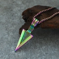 Macro view of iridescent rainbow titanium steel arrow pendant with geometric engraving - Rainbow Pendant Only (Without Chain)