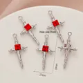 Five-piece silver cross pendant set with red square gemstone for DIY jewelry crafting - 696# Silver - Red Zirconia