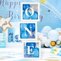 Three white transparent ONE letter boxes with blue balloons for first birthday party decor - ONE Letters Style / Set of 3 / White