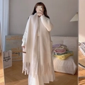 Soft cream white long knit scarf with tassels for winter, plush cashmere-like feel - Apricot White