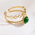 18K gold-plated double-layer open ring with green stone inlay and beaded detail - R01032-Gold Double-layer Green Gem