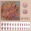 Detail of pink press-on nails with purple geometric patterns and gold glitter accents - Light Pink Geometric Starburst (W1021) / 24 Pcs/Set