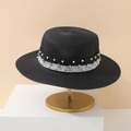 Chic black woven boater straw hat with pearl and rhinestone embellishments on a ribbon - Black Pearl Rhinestone Decor (LOU251) / Black