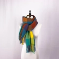 British style checkered scarf with yellow and blue plaid pattern and fringe detail - Yellow
