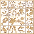 Lot de 16 pochoirs de peinture en bois thème océan avec motifs de créatures marines - Vie Marine Carrée 15cm (16 Feuilles)