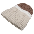 Three-color cable knit beanie featuring brown, white, and beige blocks with ribbed cuff - Brown/White/Beige Color Blocked (Beige)