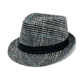 Klassischer Herren Jazz-Fedora-Hut in Schwarz-Weiß-Karo mit blauen Nadelstreifen Akzenten - Grau (Blauer Streifen)