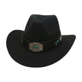 Détail d'un chapeau de cow-boy noir en feutre avec boucle gemme verte et broderies - Noir (Broderie Vert/Argent)