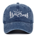 Vintage washed navy blue cotton baseball cap with white mountain forest embroidery - Navy Blue