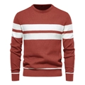 Men's casual striped crewneck knit sweater in brick red and white stripes, size S - Red