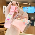 Pink bubble tea bear keychain with liquid floating balls and Happy strap detail - Candy Bag - Pink
