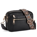 Sac bandoulière matelassé noir avec large sangle fleurie et détails dorés brillants - Noir
