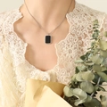 Vintage silver rectangle black shell pendant necklace worn by model in casual style - Steel Color (40+5cm)