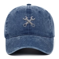 Casquette de baseball rétro en coton délavé bleu avec broderie de clés de style vintage - Bleu marine