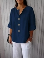 Camicia in lino blu navy da donna con scollo a V, bottoni marroni e maniche arrotolate - Fibbia A 3 Bottoni Blu Navy N. 8055 / 3XL