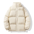 Quilted cream puffer jacket for men and women featuring a stand collar and drawstring hem - S / Apricot