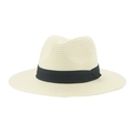 Classic cream wide brim Panama straw fedora hat with elegant black ribbon band for women - Creamy White