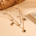 Double-layered golden necklace with white pearls and black moon star pendants - Gold Star Moon Black Shell Necklace (C220)