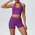 Close-up of purple ribbed seamless sports bra and high waist fitness shorts - Plum Purple