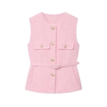 Elegante chaleco de tweed rosa sin mangas con botones dorados y cinturón mujer - S / Rosa