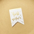 White banner gift tag with gold Best Wishes foil print and stars on cork background - Swallowtail Card (Best Wishes)