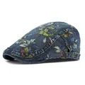 Vintage floral pattern navy denim flat cap with adjustable side metal buckle - Adjustable / Dark Blue
