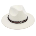Detailed shot of white wool felt fedora with a leather strap and silver bull head charm - Off White