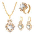 Golden bridal jewelry set with heart-shaped crystals featuring necklace, ring and earrings - Heart Shape KC Gold White Style (M-083)