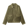 Chaqueta de gamuza verde oliva para mujer con bolsillos en el pecho y botones - S / Verde Militar