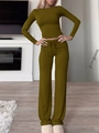 Olive green two-piece set with long sleeve crop top and drawstring wide leg pants - XS / Olive Green