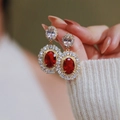 Elegant vintage royal gold flower earrings with oval red gemstone and white diamonds - Gold (E2358)