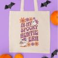 Detail of canvas tote bag with spooky auntie era print, ghost icons, and pumpkins - 35cmx40cm